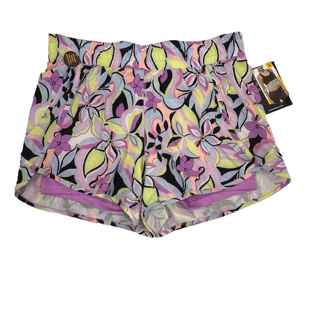 NWT Women’s Avia  Pink, Purple, Black Floral Runners Shorts w/shorts liner Sz L